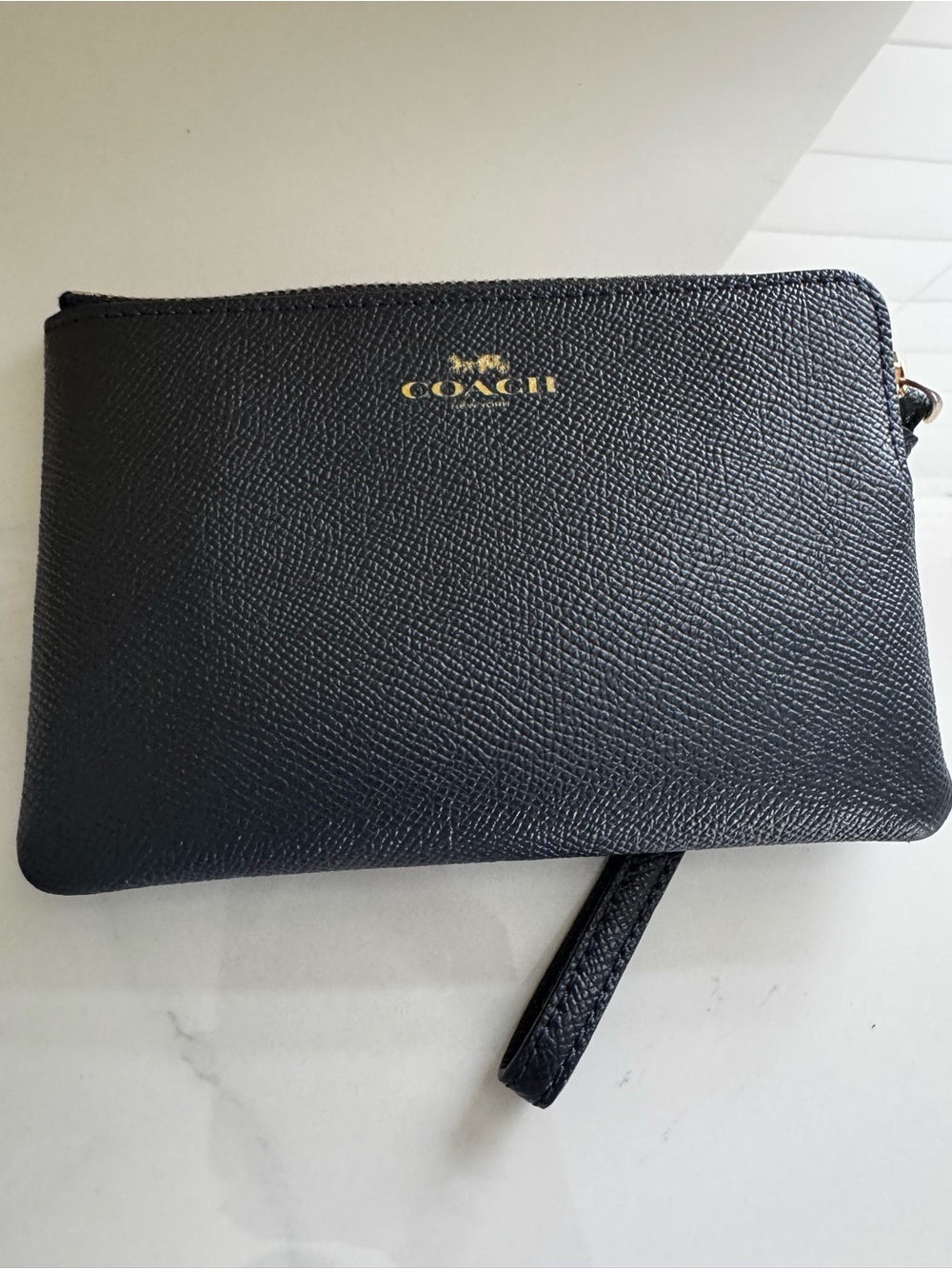 Coach Blue Pebbled Leather Wristlet with Gold Logo